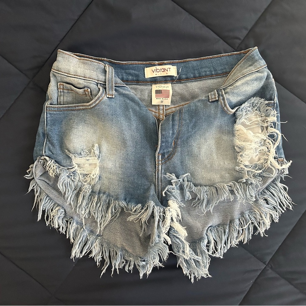 Vibrant Blue Frayed Denim Shorts